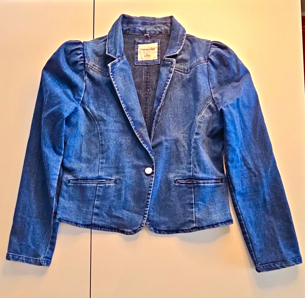 Highway Jeans Womens L Denim Blazer Jacket Puff Sleeve Western Blue Stretch